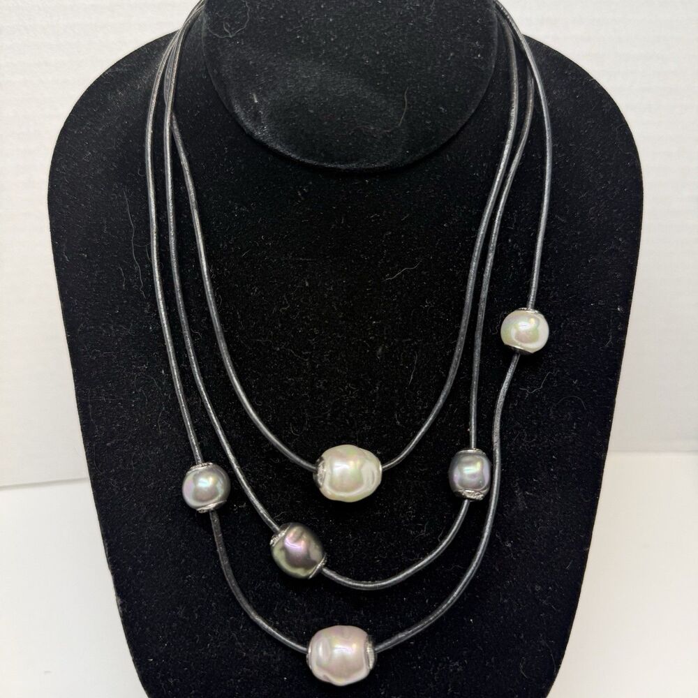 Majorica Triple Black Leather Strand Manmade Multi Size Floating Pearl Necklace